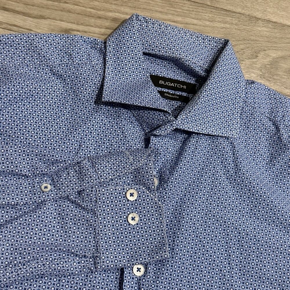Bugatchi Shirt Mens Size L Shaped Fit Blue Classic All Over Print Button Up